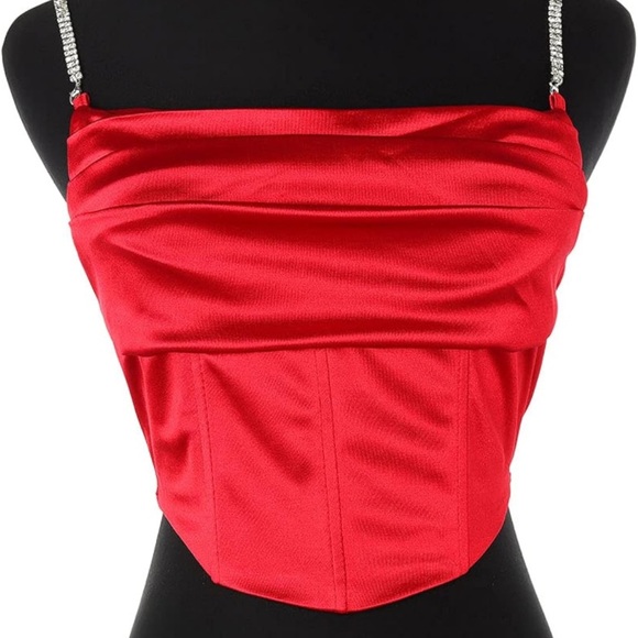 Red satin corset top with rhinestone straps - Picture 5 of 5